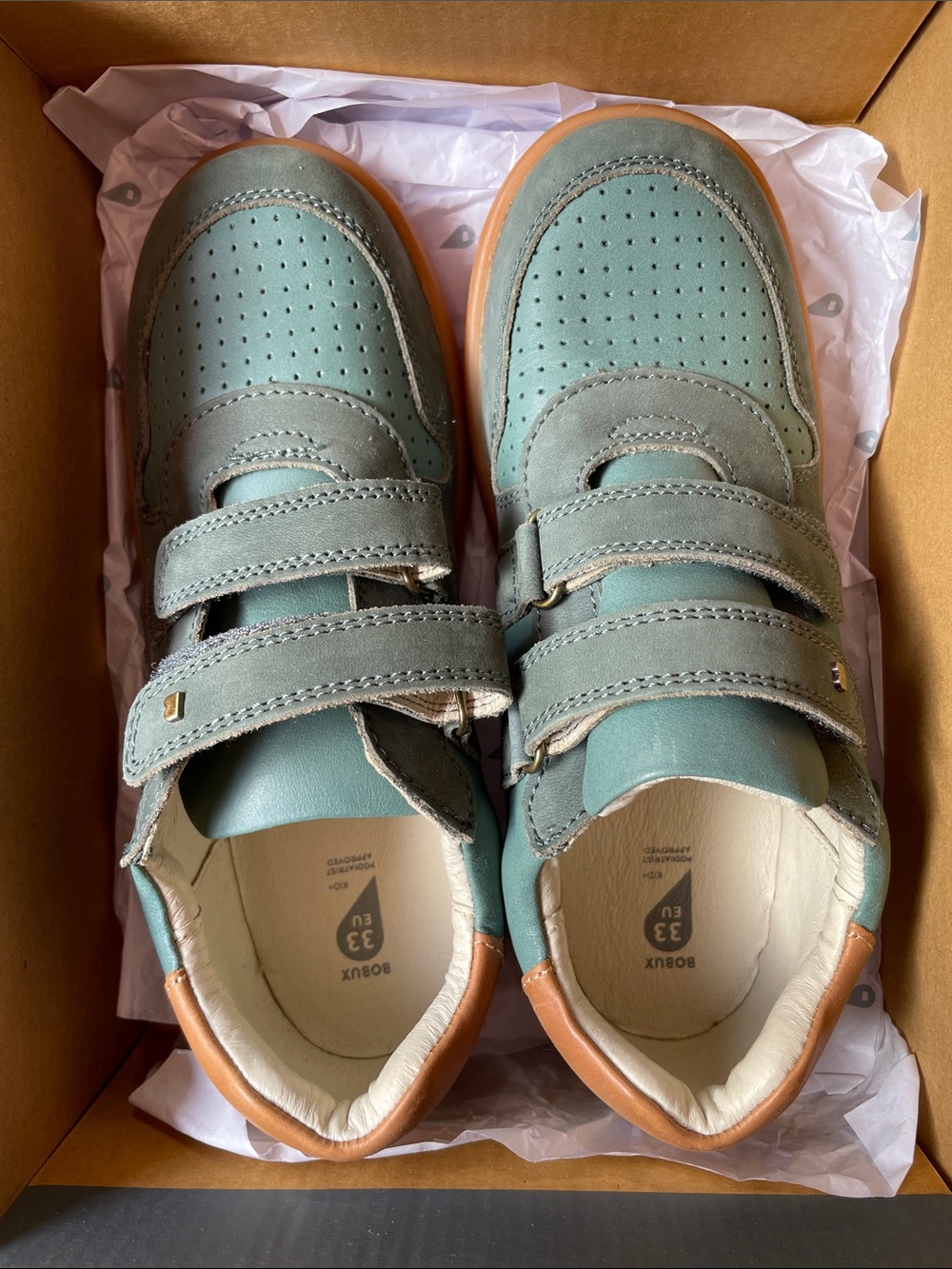 Bobux Sage Green Ryder Leather Velcro Sneakers with Tan Trim